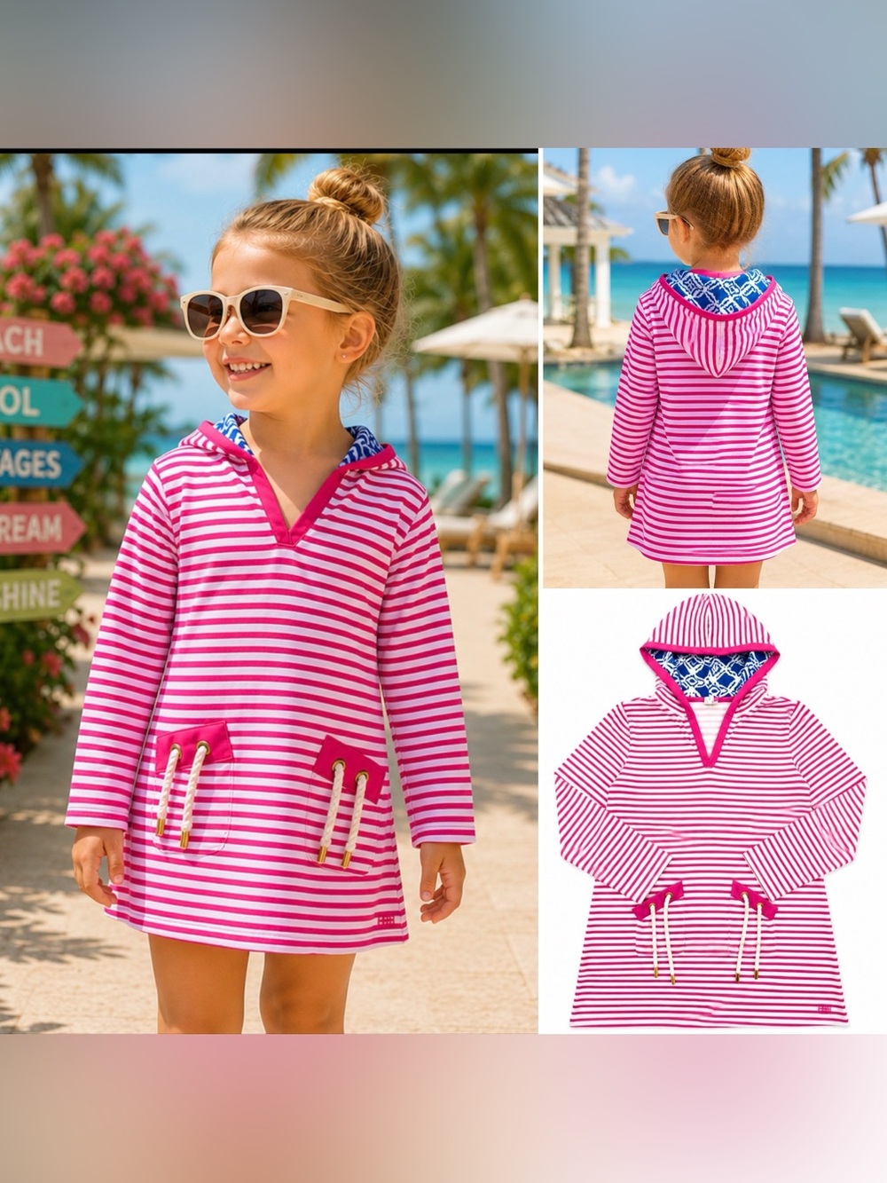 Cabana Life Girls' Pink and White Striped Hooded Swim Cover-Up 6X